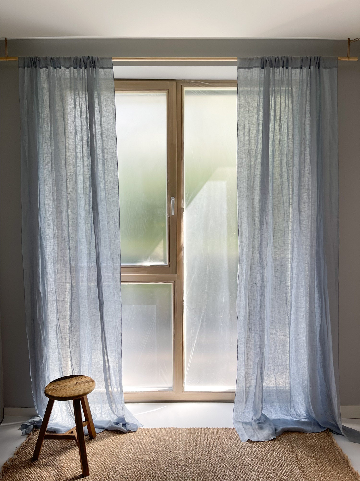 Linnen Mousseline Gordijn in Lichtblauw, 1 stuk