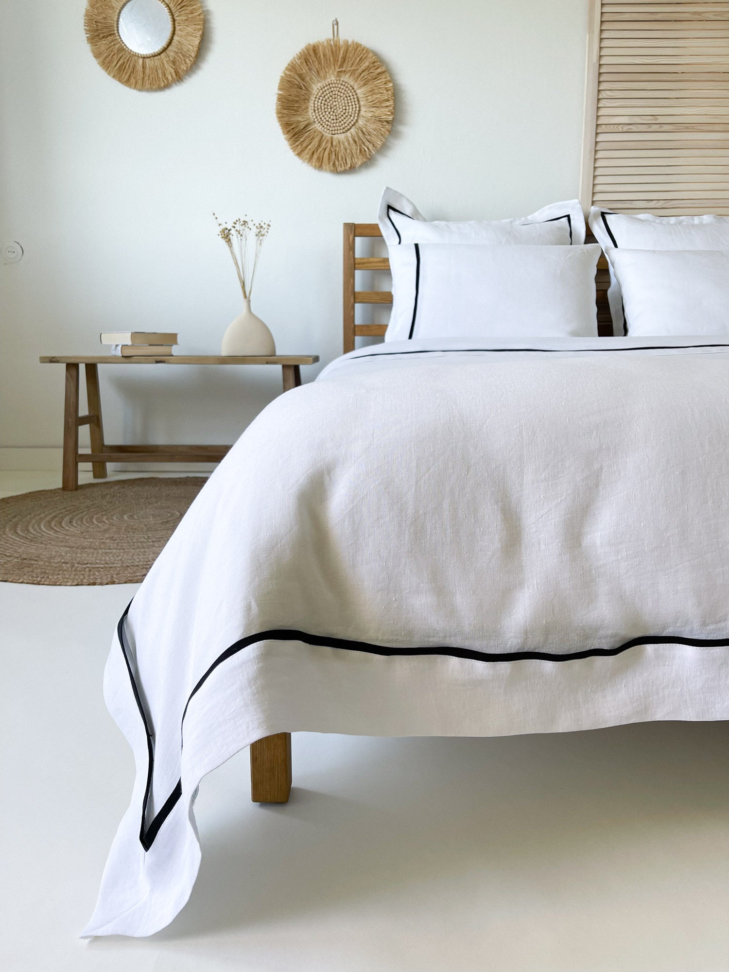 Housse de couette en lin avec bordure - blanc et noire - Linen Notes