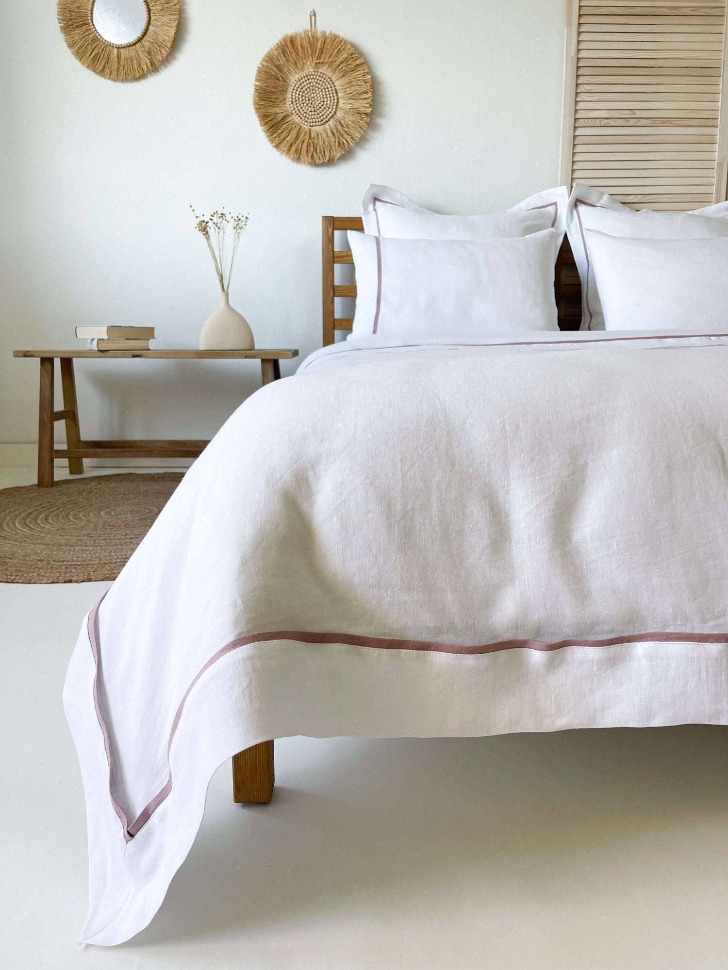 Housse de couette en lin avec bordure - blanc et rose - Linen Notes